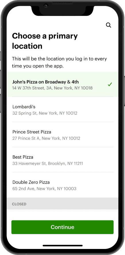 Clover Go choose primary location screen