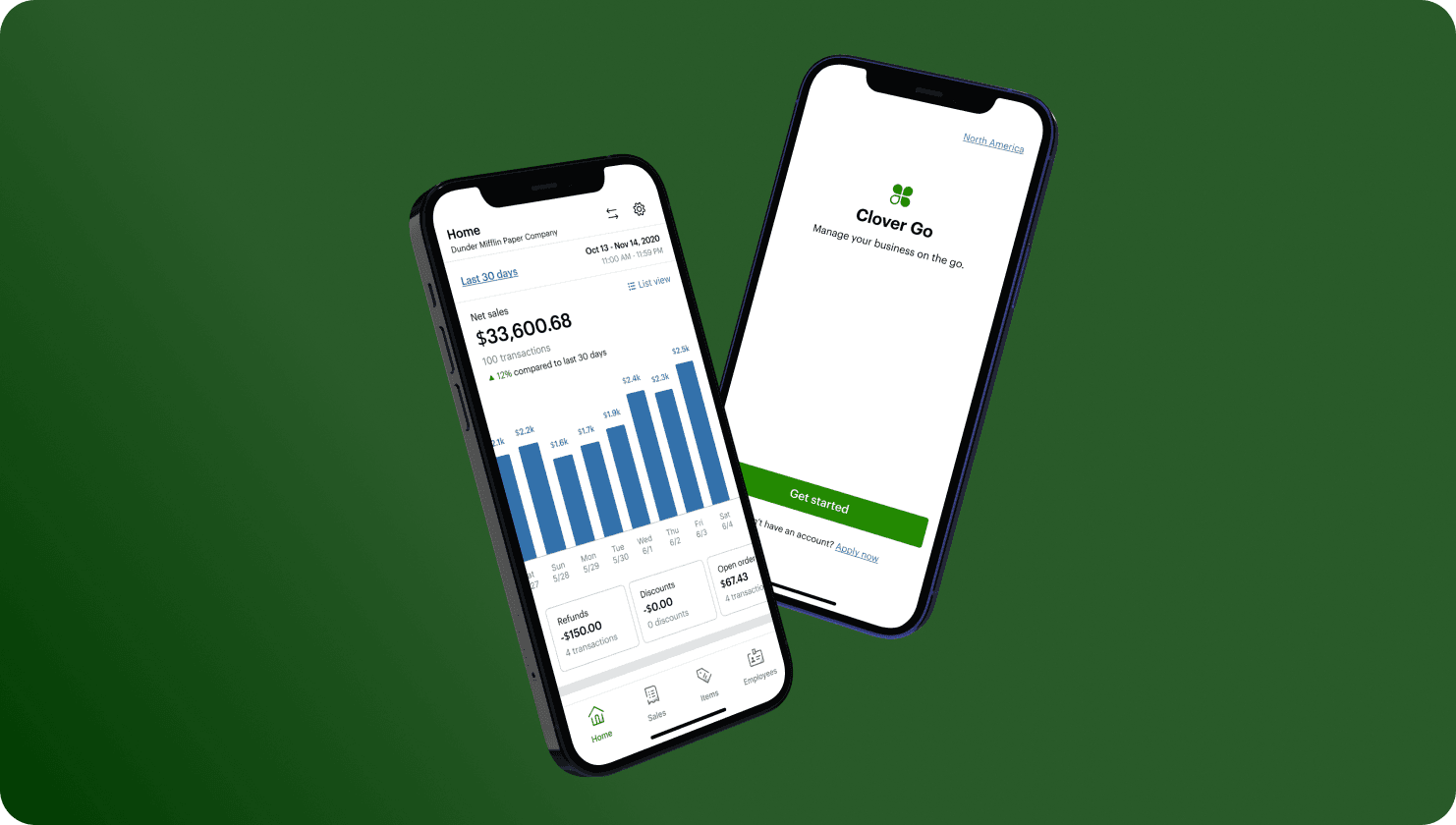 Two phones showing the Clover Go home dashboard and onboarding screen on a green background