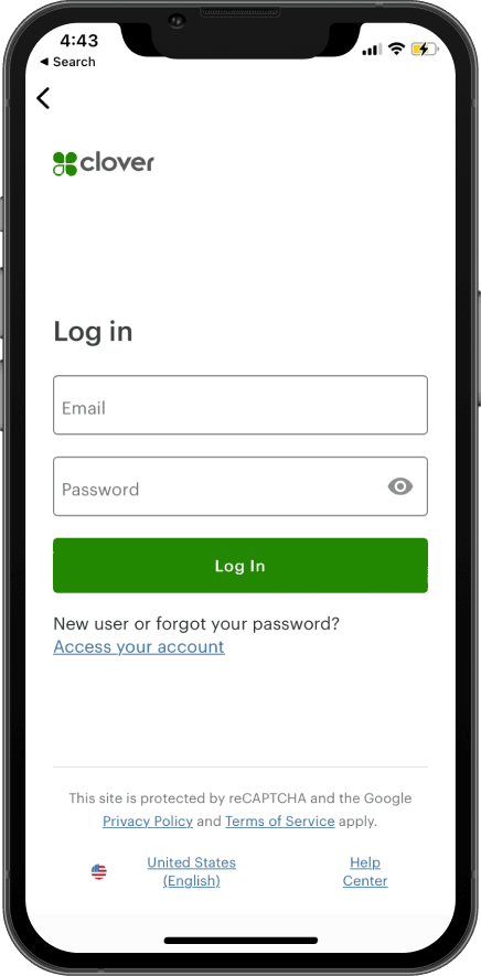 Clover Go log in screen