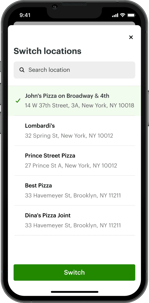 Clover Go switch locations screen listing multiple business locations