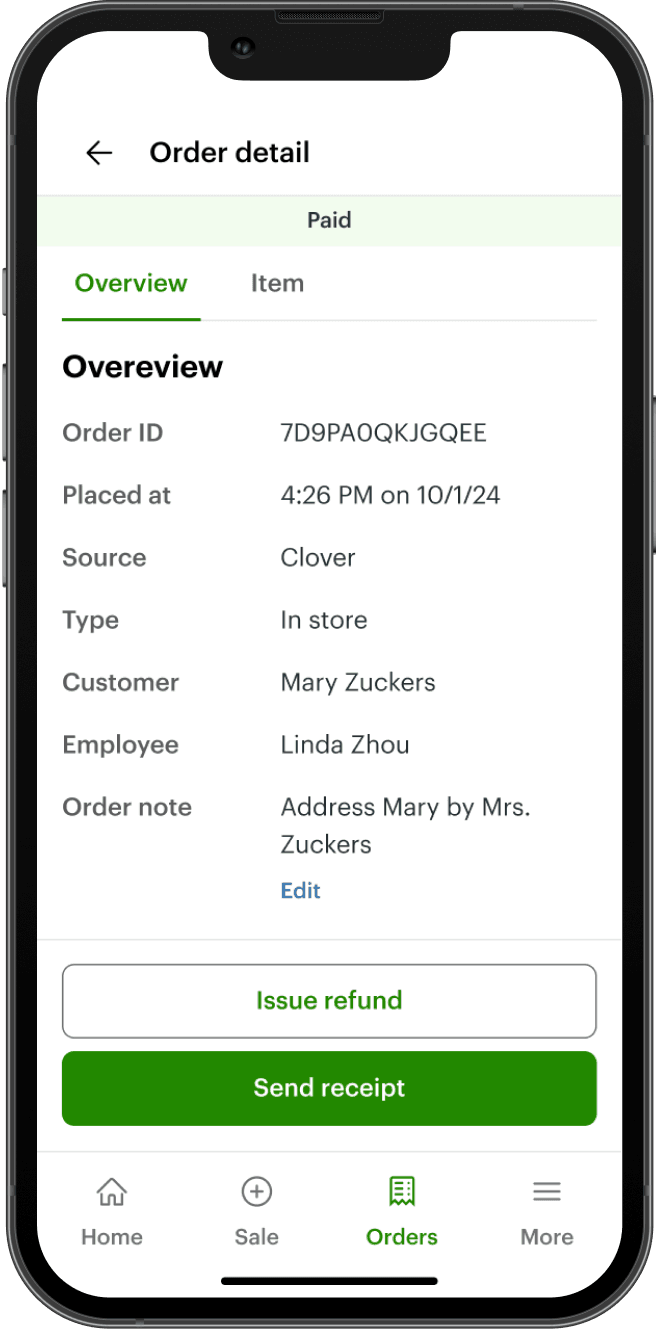 Clover Go order details screen