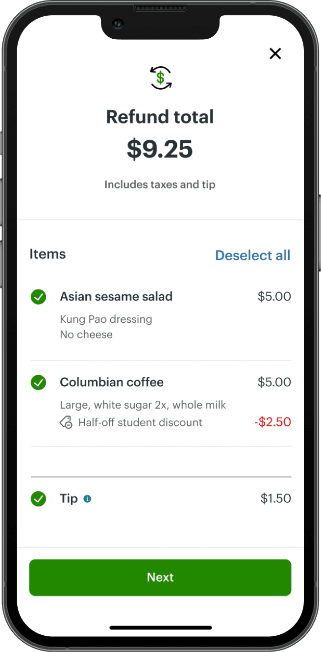 Clover Go select items to refund screen