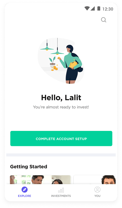 Groww homepage prompting user to complete setup