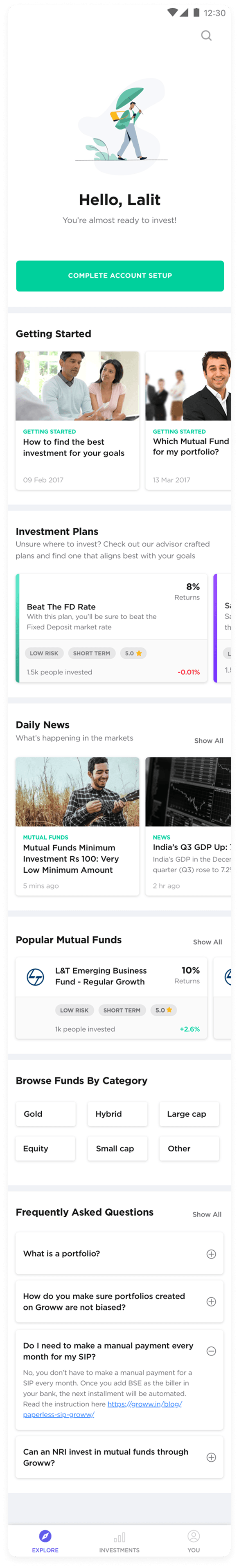 Groww first-time homepage designed for beginner investors