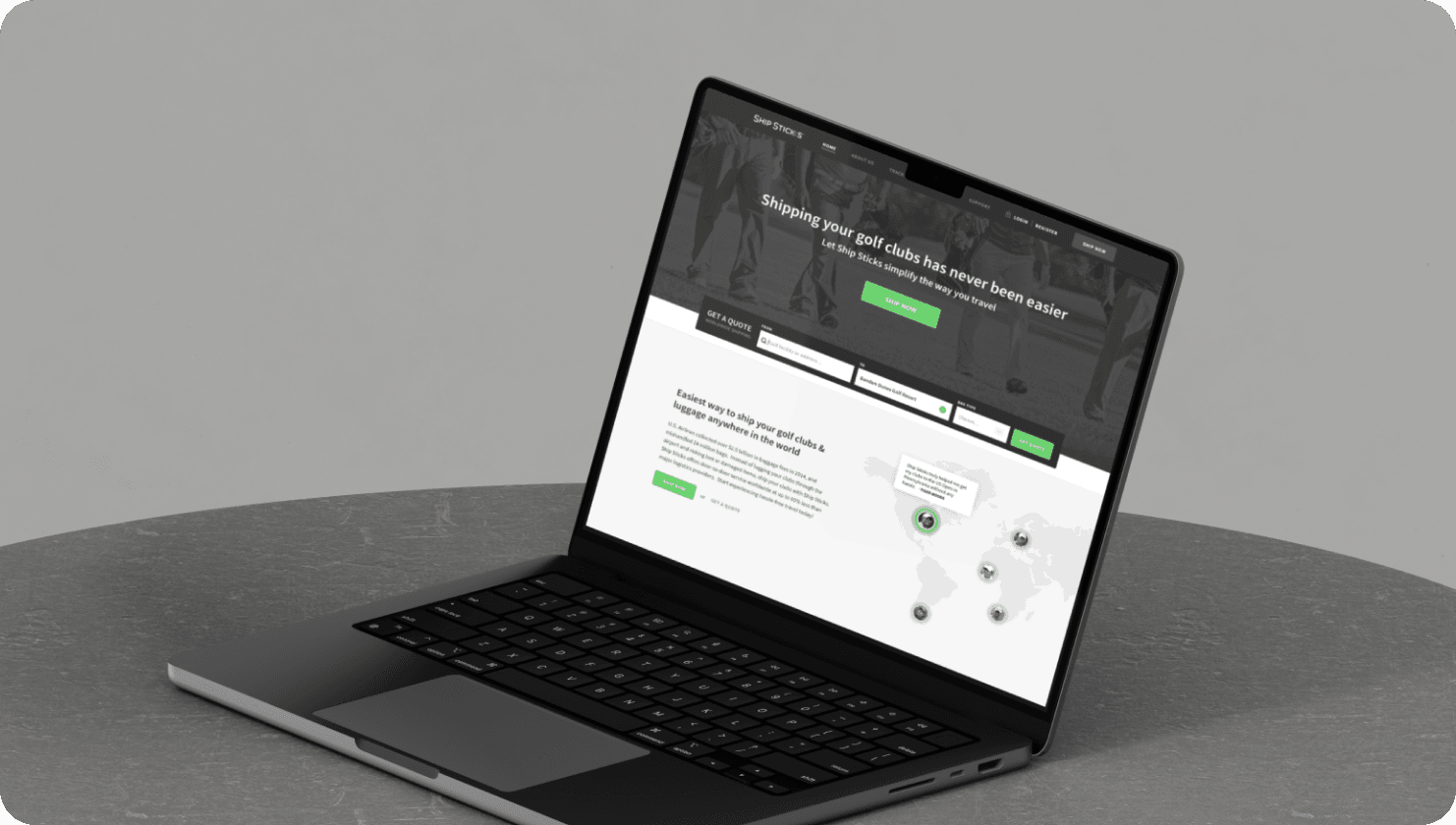 Ship Sticks website homepage shown on a laptop