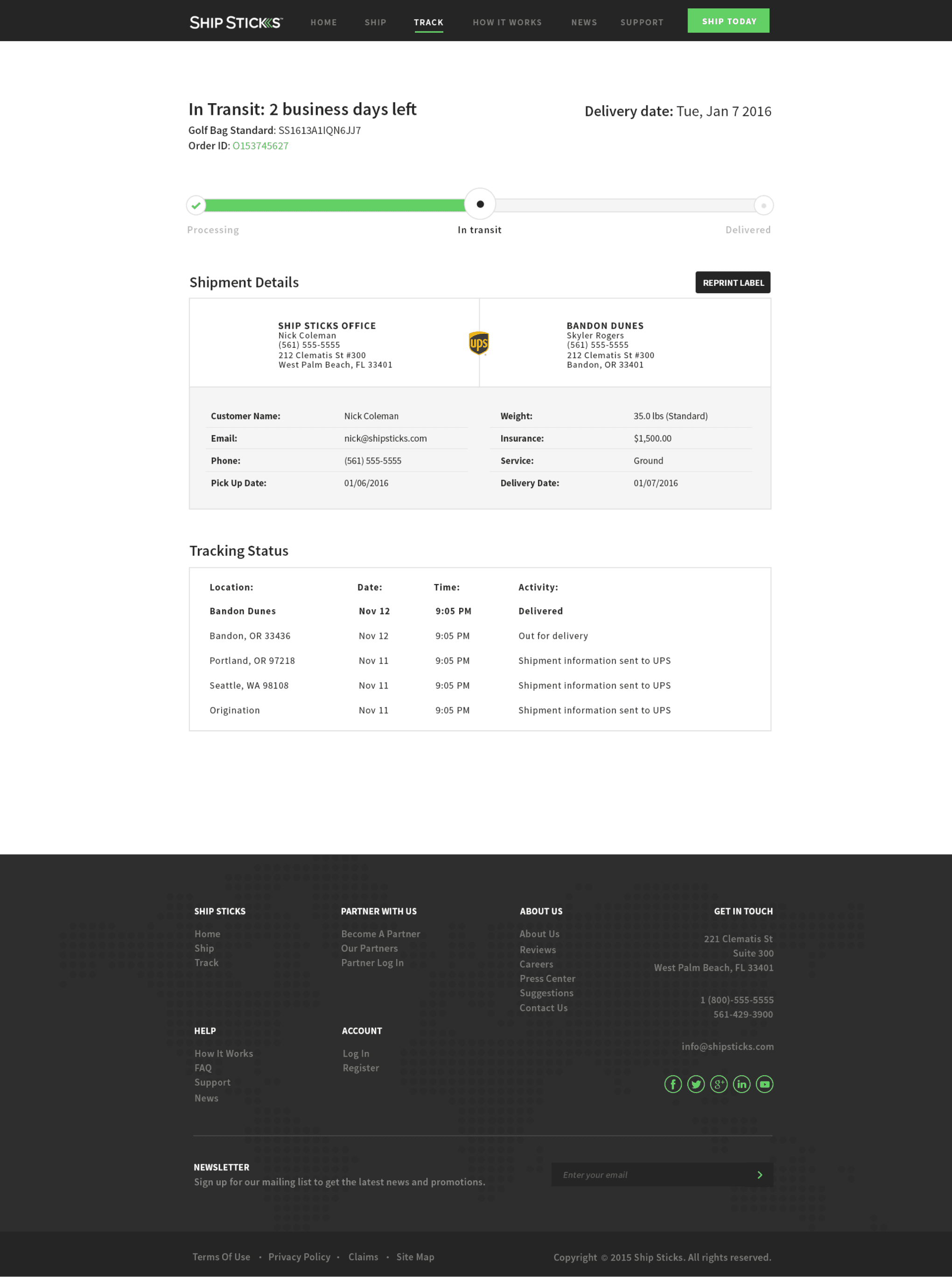 Ship Sticks order tracking page showing shipment progress and details