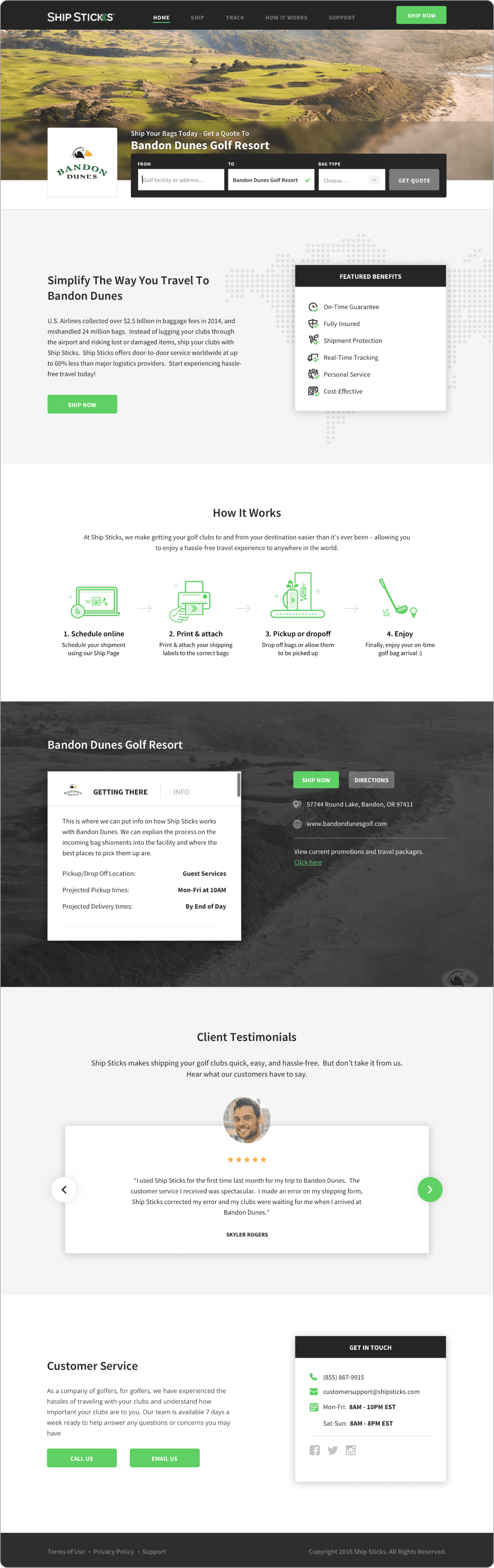 Ship Sticks white-label partner homepage for Bandon Dunes Golf Resort